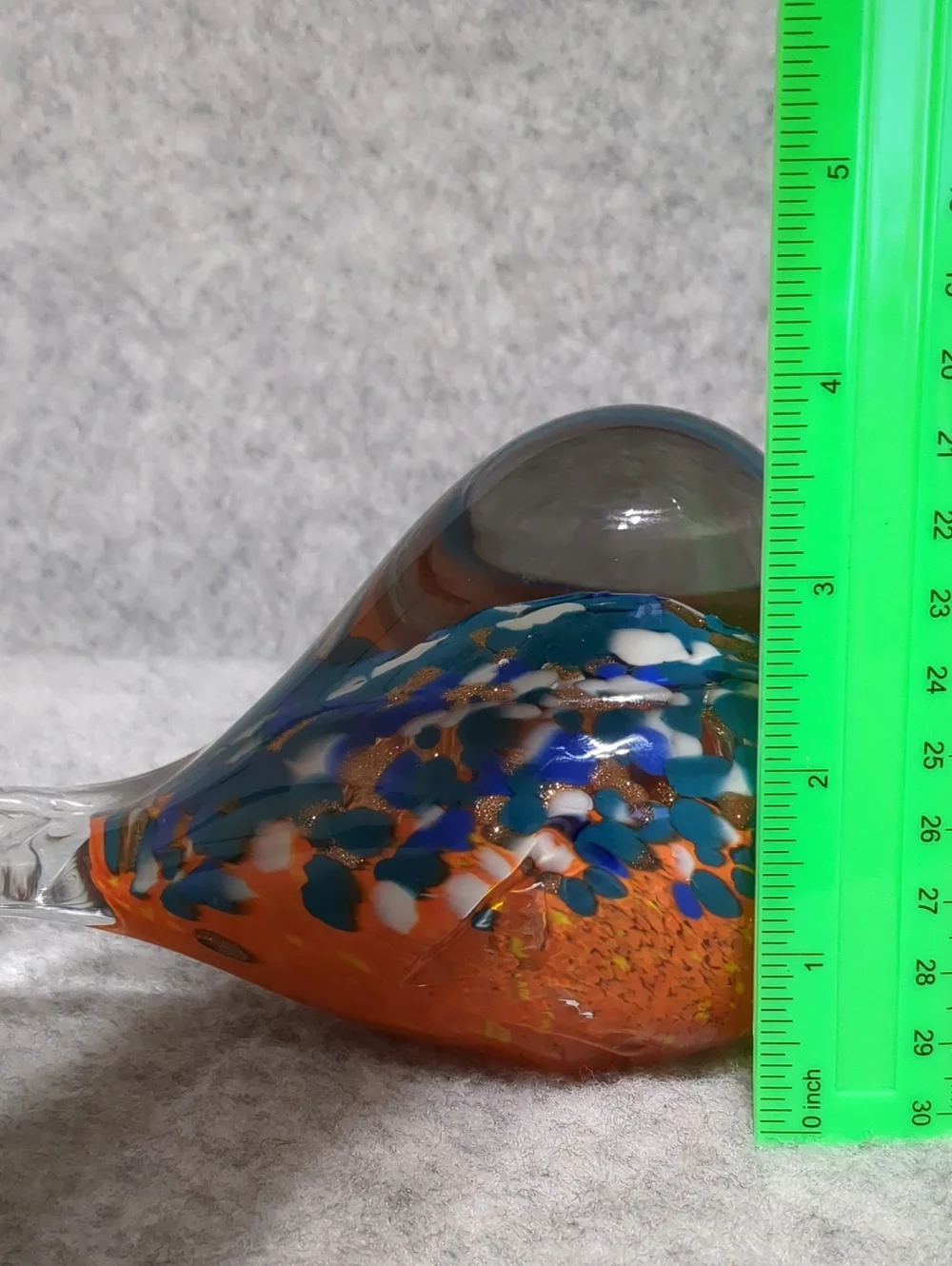 Art Glass Bird Clear, Orange Blue Paperweight